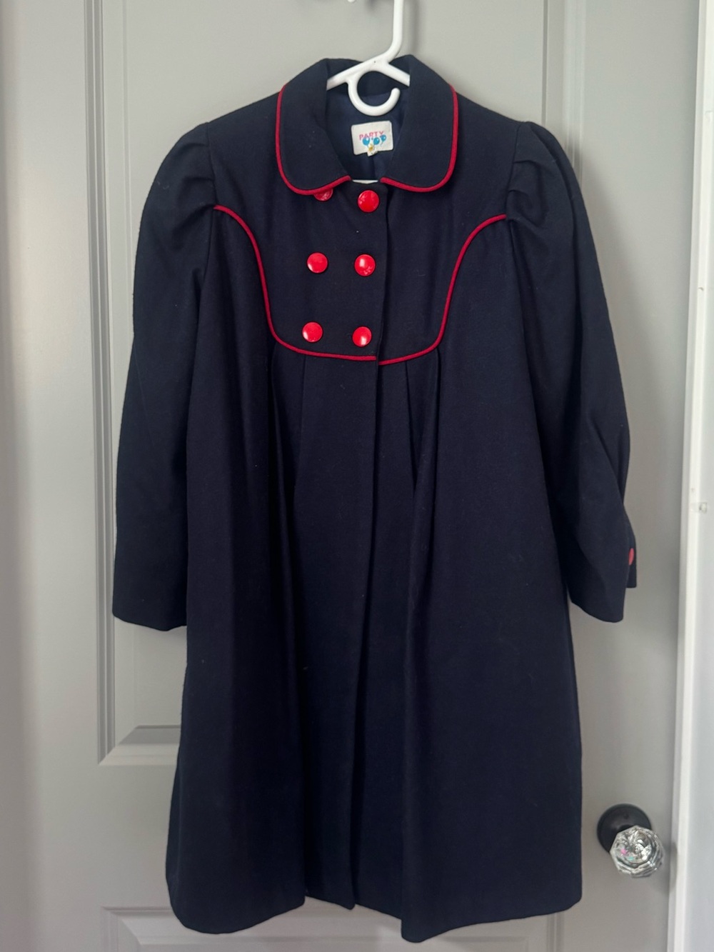 Vintage Navy Blue Kids Pea Coat with Red Trim and Buttons